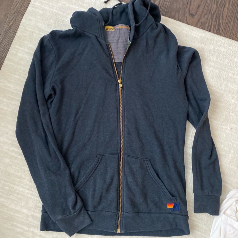 Charcoal gray Aviator Nation gold zip up sweater with lightning bolt